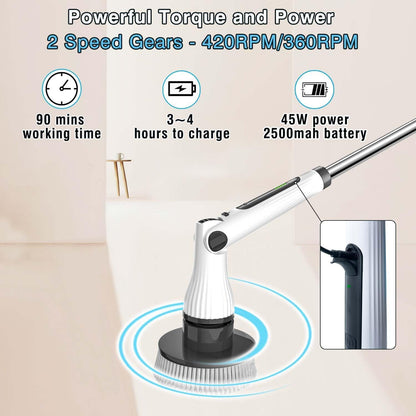 MGLSDeet Electric Spin Scrubber Scrub Brush, Rechargeable Cleaning Brush with 8 in 1 Replaceable Brush Heads, Cordless Power Spin Scrubber 90Mins for Bathroom Shower Bathtub Glass Car