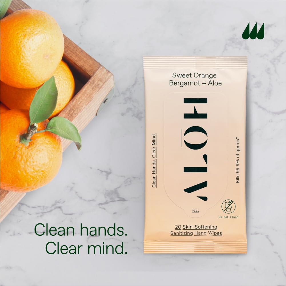 ALŌH Peppermint Eucalyptus + Aloe Sanitizing Hand Wipes - Clean Hands, Clear Mind On The Go Sanitizer for Kids and Adults - Travel Size 3 Pack 20ct Wipes (60 Wipes)