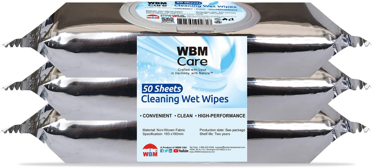 WBM Care Cleaning Wipes, Thick & Strong for Easy Cleaning, Flip Top Dispenser, Unscented and Convenient, For all Types of Surfaces, Wet Wipes, 50 Sheets (Pack of 3) (8251A-3PCS)