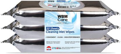 WBM Care Cleaning Wipes, Thick & Strong for Easy Cleaning, Flip Top Dispenser, Unscented and Convenient, For all Types of Surfaces, Wet Wipes, 50 Sheets (Pack of 3) (8251A-3PCS)