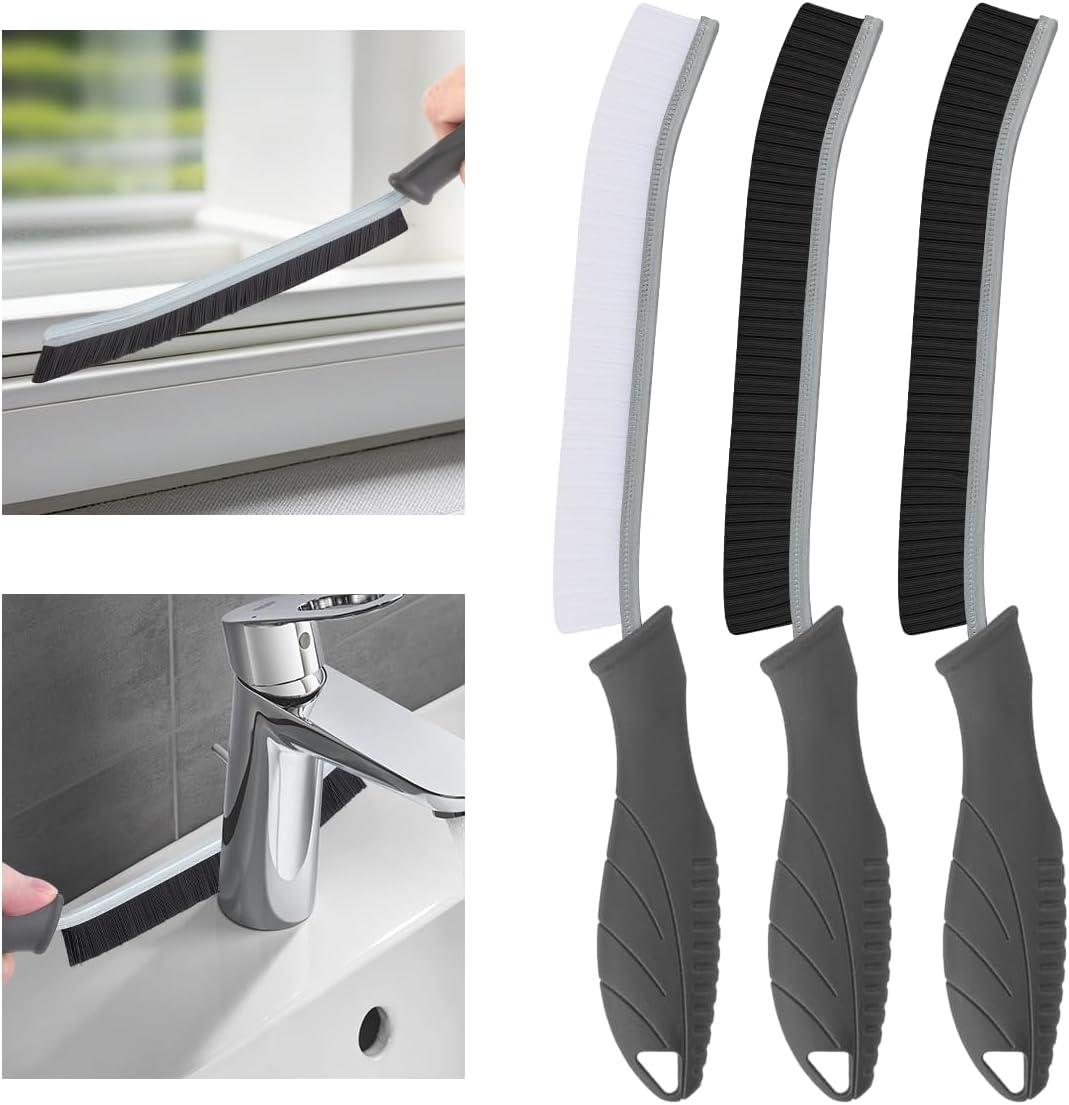 TQRR 3Pcs Hard Bristle Crevice Cleaning Brush, Scrub Brush, Kitchen Sink Cleaning Brush, Grout Brush, Corner Brush Cleaning Tools for Toilet, Bathroom, Gap, Home, Household, Window (3, Black)