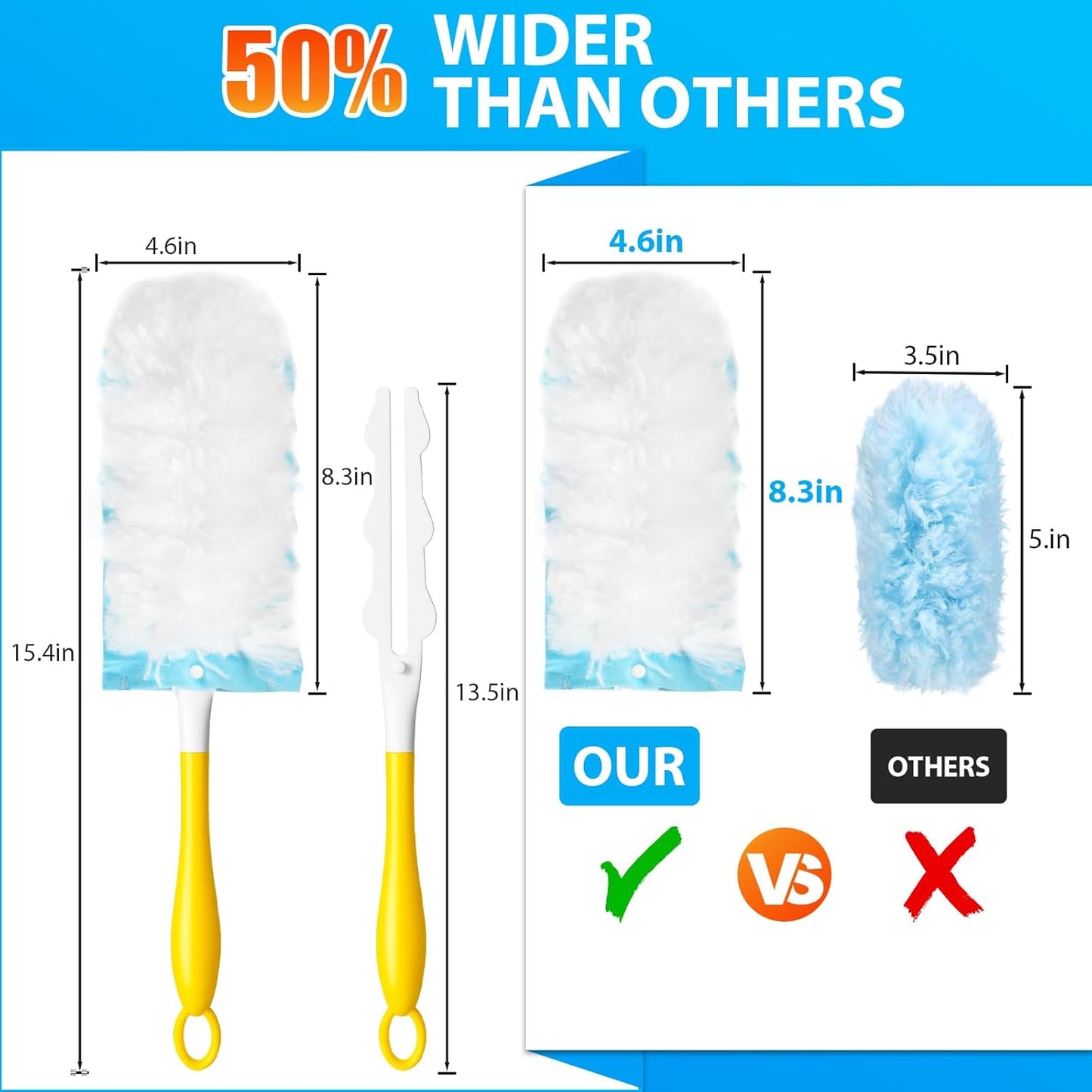 50 Count Larger Size Duster Refills for Swiffer Dusters with 1 Handle - Multi-Surface Feather and Microfiber Duster Disposable Alternative, Heavy Duty Cleaning Kit for Home, Furniture, Blinds and Vent