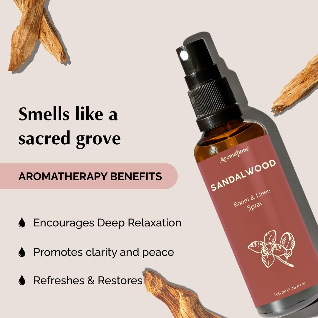 Sandalwood Room, Linen & Pillow Spray by Aromafume | 100ml/3.38 fl oz | with Pure Sandalwood Essential Oil | Aromatherapy Spray for Relaxation, Sleep & Stress Relief | Mist for Bedding, Fabrics