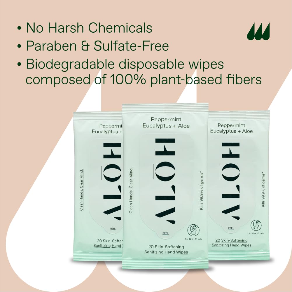 ALŌH Peppermint Eucalyptus + Aloe Sanitizing Hand Wipes - Clean Hands, Clear Mind On The Go Sanitizer for Kids and Adults - Travel Size 3 Pack 20ct Wipes (60 Wipes)