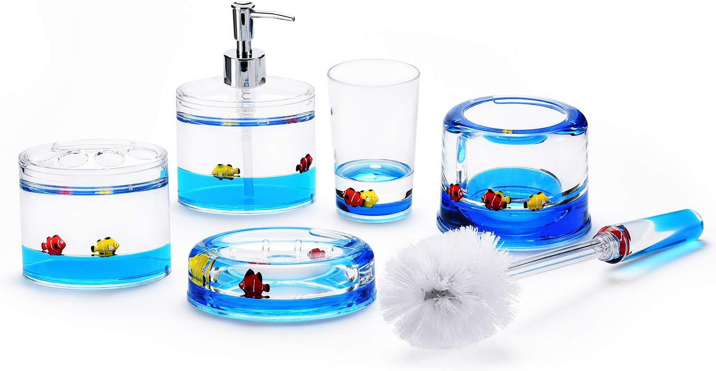 Locco Decor 5 Piece Acrylic Liquid 4D Floating Motion Bathroom Vanity Accessory Set Garden Botanic Green Plants Toothbrush Holder, Tumbler, Soap Dispenser, Soap Dish, Toiletbrush Holder Set