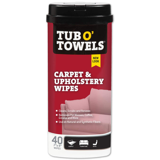 Tub O' Towels Carpet, Rug, and Upholstery Cleaning Wipes - Extra Strength Stain Remover, Odor-Fighting Power, Safe on Natural & Synthetic Fibers, 40-7” x 8” Wipes Per Tub, 2-Pack, Light Citrus Scent