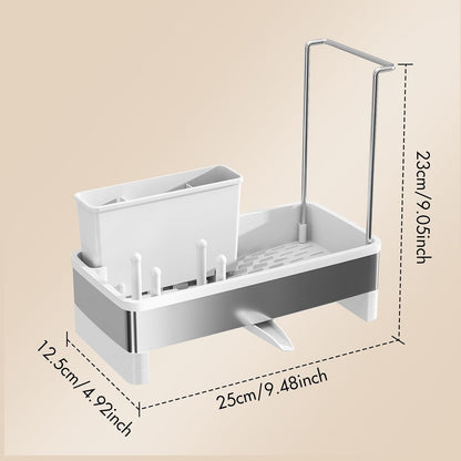 Sink Caddy, Stainless Steel Sink Caddy with Brush Holder, Kitchen Sink Caddy Dishcloth Rack and Holds Soap Dispenser, Sink Organizer Auto-Drain Rustproof Countertop Organizer (White)