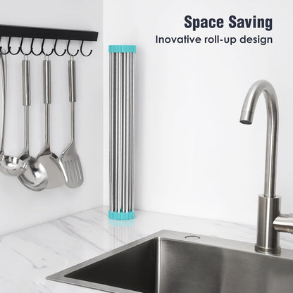 Tomorotec 17.7" x 15.5" Roll Up Dish Drying Rack Over Sink Drying Rack Sink Cover Kitchen Sink Accessories Gadget Multipurpose Organizer Foldable Stainless Steel Drainer (Grey)