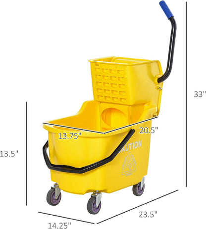 HOMCOM Mop Bucket Cart with 34 Quart Capacity, Side Press Wringer and Metal Handle, Yellow