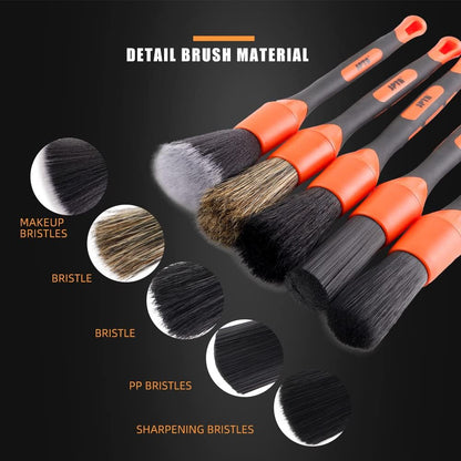 SPTA Car Detailing Brush Set, 5 Pack Soft Mixed Hair Auto Detail Brush Kit No Scratch for Automotive Elegant Surface Interior Exterior Dashboard Emblems Panels Engine Bay Wheels Air Vent Seat Leather
