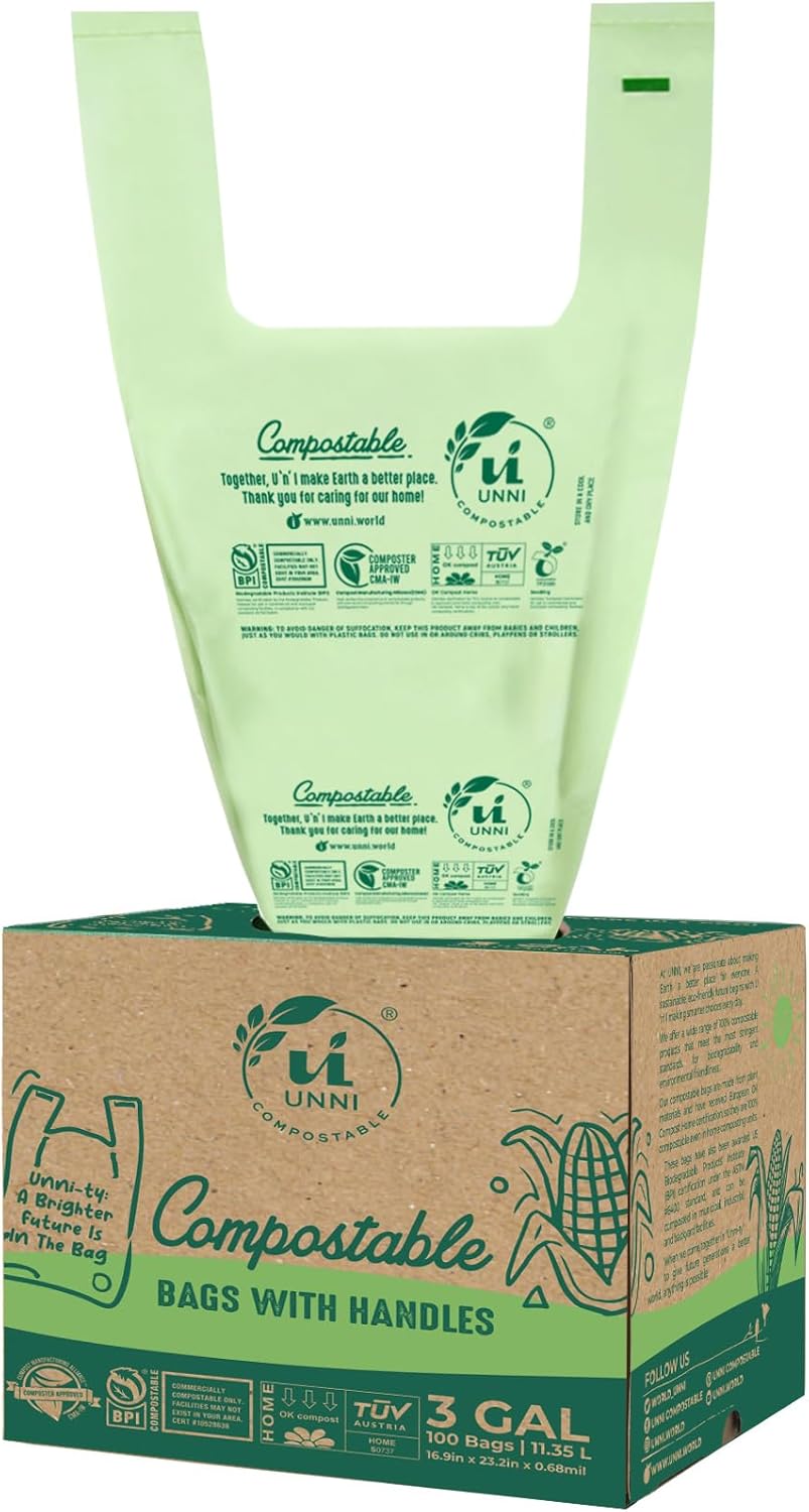 UNNI 13 Gallon Compostable Trash Bags with Tie Handles, 30 Count Small Food Scrap Kitchen Compost Bags for Countertop Bin, Certified by BPI, CMA & OK compost HOME, Meets ASTM D6400