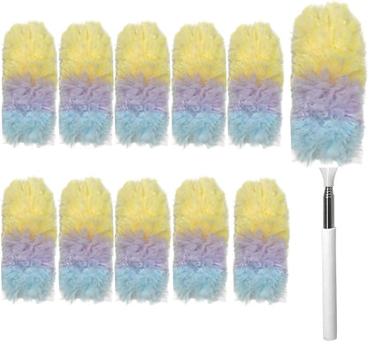 Heavy Duty Duster Refills, Disposable Dusters Kit for Cleaning Dusting Furniture Blind Ceiling Fan, Multi Surface 360 Feather Duster(10)+3FT Extended Handle（1） (Navy Blue)