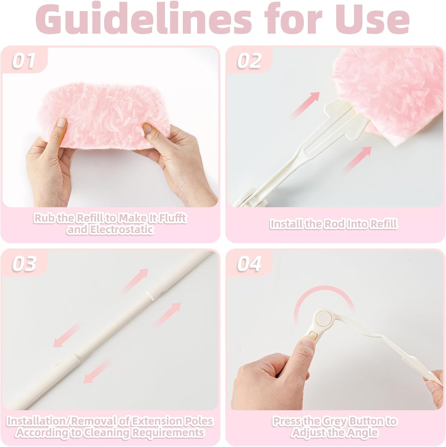 Heavy Duty Dusters Refills, Disposable Dusters Kit Compatible with Swiffer Handles, Multisurface Dusters+1 Extended Handle +1 Handle (Pink, 360°)
