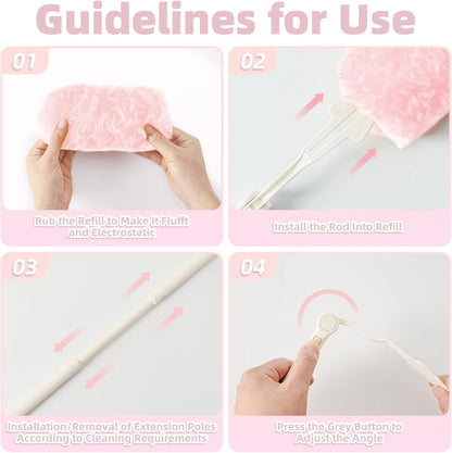 Heavy Duty Dusters Refills, Disposable Dusters Kit Compatible with Swiffer Handles, Multisurface Dusters+1 Extended Handle +1 Handle (Pink, 360°)