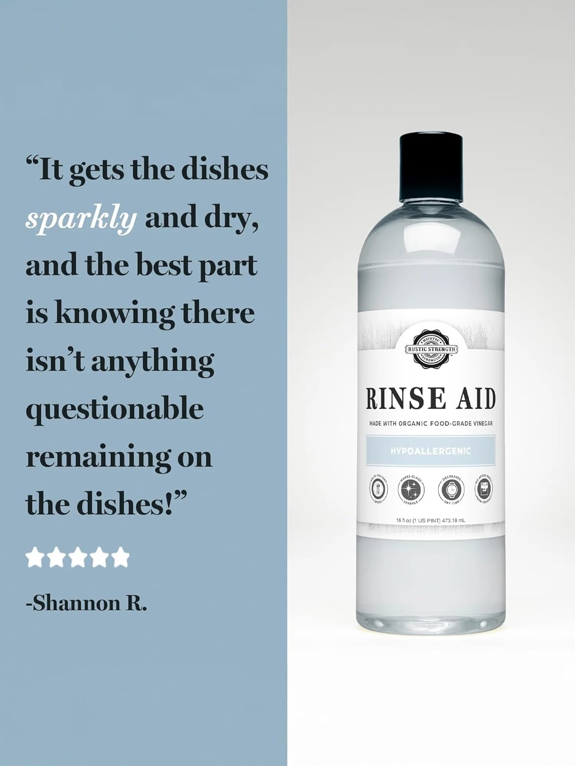 Rustic Strength Non Toxic Rinse Aid for Automatic Dishwashers, Unscented, 16 oz