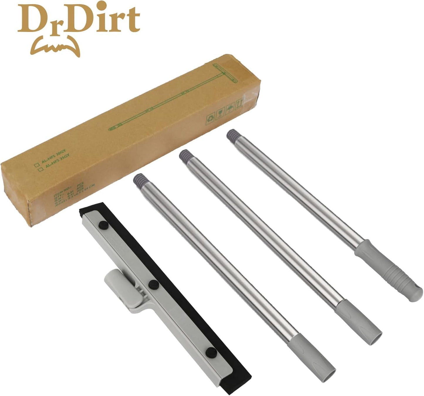 DrDirt Floor Squeegee with 14-Inch Swivel Head | 50-Inch Stainless Steel Handle and Replaceable Dual Foam Blades | Water Broom & pet Hair Remover | Ideal for Garage Tiles & Carpets