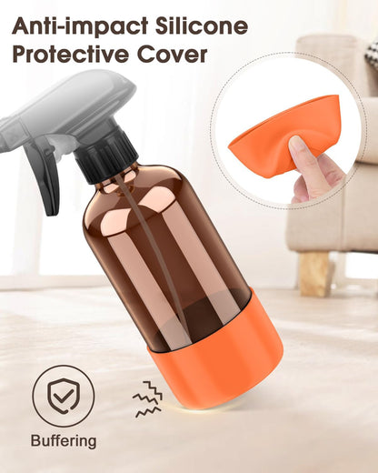 Bontip Glass Spray Bottle with Silicone Sleeve Protection, Amber Glass Spray Bottle Set for Window Cleaner Aromatherapy Facial Hydration Watering Flowers Hair Care 2 Pack/16 oz (Black & Brown)