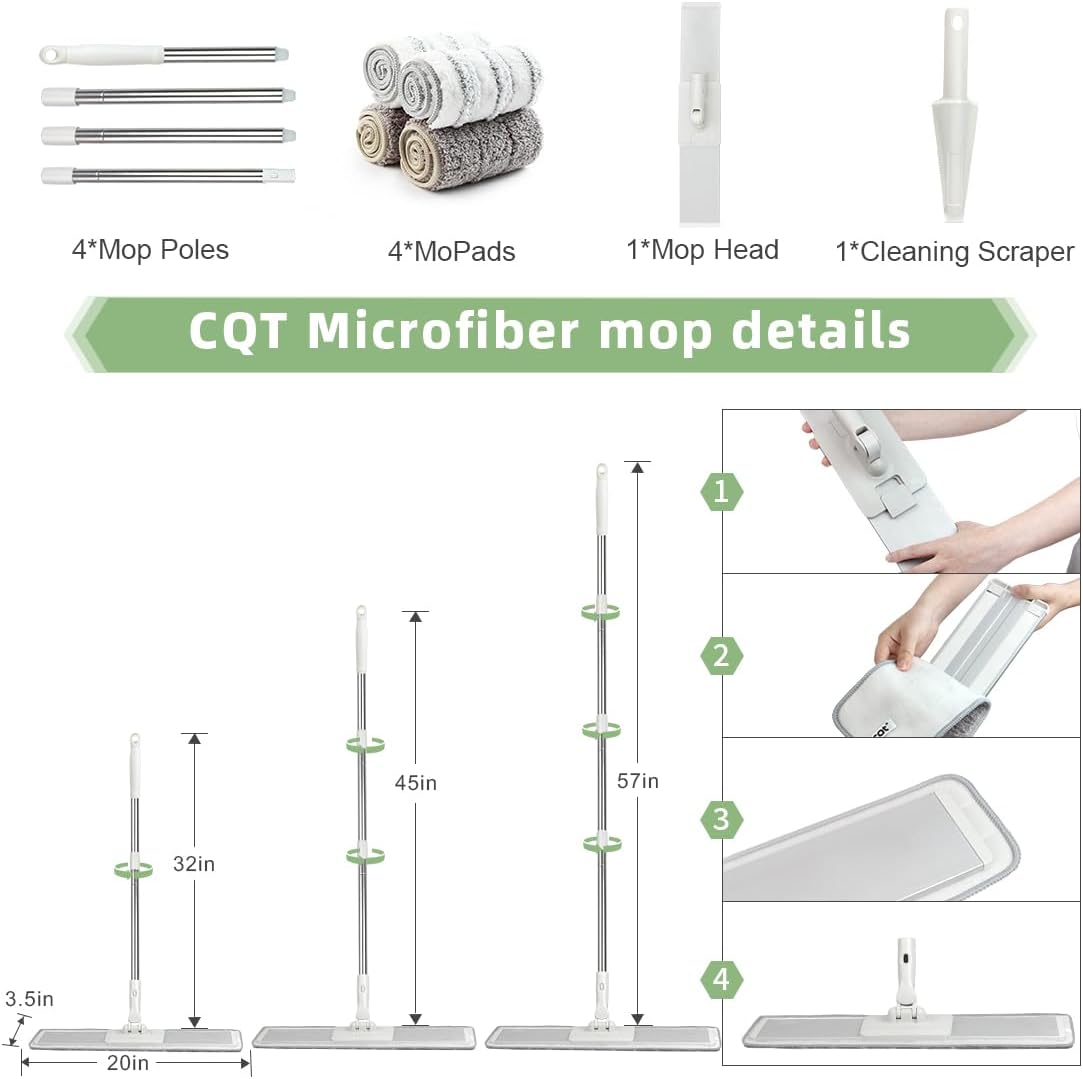 CQT Commercial Flat Microfiber Floor Mop Cleaning System 20" Inch Wet Dry and Dust Hardwood with 4 Washable Pads Cleaner for Laminate Tile Stainless Steel Handle and Extension (White)