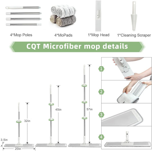 CQT Commercial Flat Microfiber Floor Mop Cleaning System 20" Inch Wet Dry and Dust Hardwood with 4 Washable Pads Cleaner for Laminate Tile Stainless Steel Handle and Extension (White)