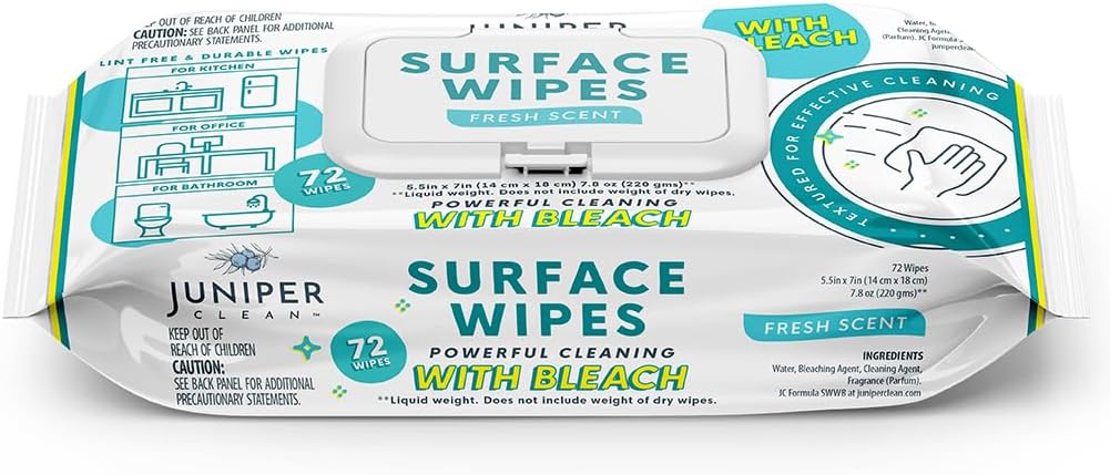 Juniper CLEAN 3 Pack Surface Cleaning Wipes with Bleach, All-Purpose Cleaner for Bathroom, Kitchen, Office, 216 Count Soft Flow, Fresh Scent, Lint Free & Durable
