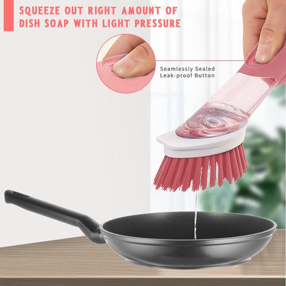 4-in-1 Dish Cleaning Brush Soap Dispensing Dish Brush Set with 4 Replacement Heads and Storage Holder, Kitchen Scrub Brush for Dish Pot Pan Sink Cleaning (Grey)