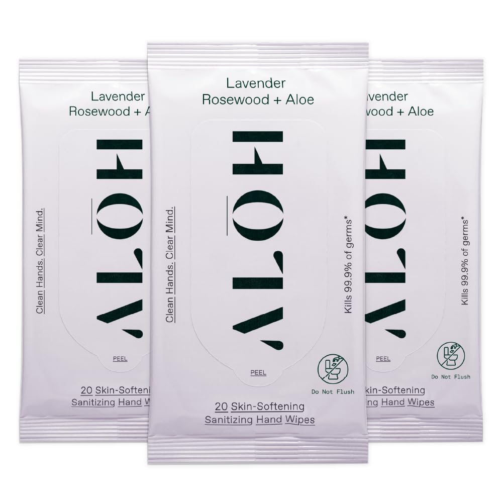 ALŌH Peppermint Eucalyptus + Aloe Sanitizing Hand Wipes - Clean Hands, Clear Mind On The Go Sanitizer for Kids and Adults - Travel Size 3 Pack 20ct Wipes (60 Wipes)