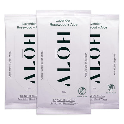 ALŌH Peppermint Eucalyptus + Aloe Sanitizing Hand Wipes - Clean Hands, Clear Mind On The Go Sanitizer for Kids and Adults - Travel Size 3 Pack 20ct Wipes (60 Wipes)