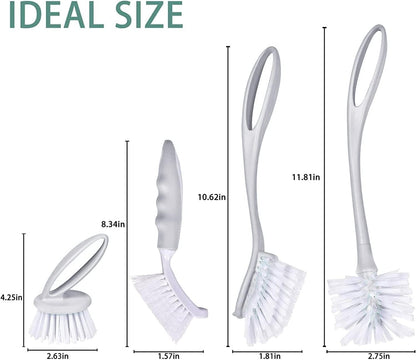 Dish Brush with Handle, Kitchen Dish Scrub Brush Set, 4-Piece Kitchen Cleaning Brush Set for Pots and Bottles, Nordic Green