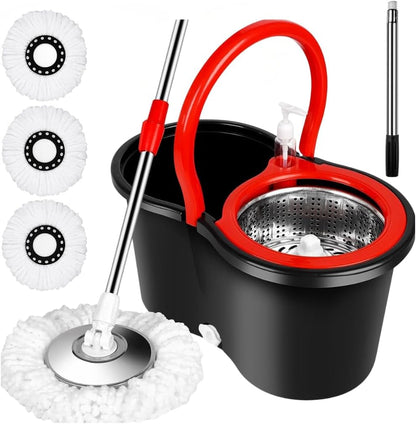 Spin Mop and Bucket with Wringer Set, 360° Rotating Mop System for Hardwood, Tile, Laminate Floors, Adjustable Stainless Steel Handle with 3 Machine Washable Mop Heads (Black)