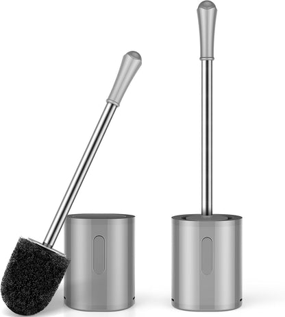 AONEZ Compact Toilet Brush & Holder, Stainless Steel Handle, Space Saving for Storage, Deep Cleaning, Drip-Proof, Easy to Assemble, Nylon Bristles, White & Grey