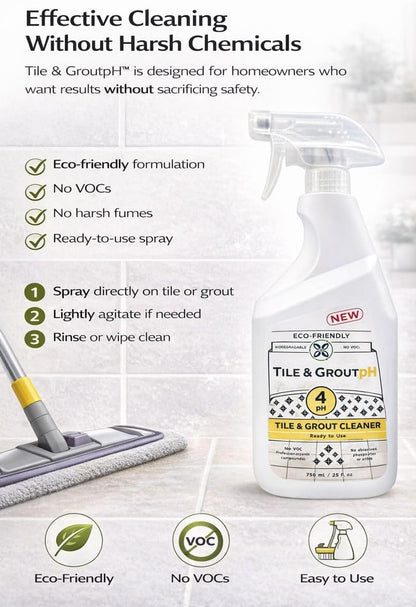 Tile & Grout pH – Eco-Friendly Acidic Tile & Grout Cleaner (pH 4) – Removes Hard Water, Soap Scum & Grime – No VOCs, Biodegradable, 25 fl oz