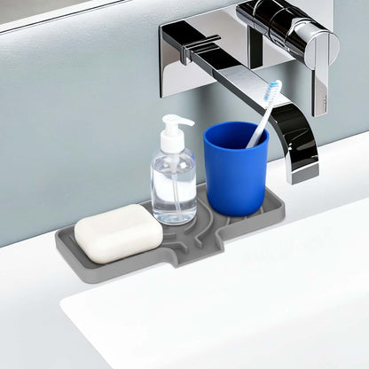 JACZZO Silicone Sponge Holder for Kitchen Sink With Drain Spout, Self Draining, Kitchen Soap Tray, Bathroom Organizer, Sink Caddy (Grey, 10×4)
