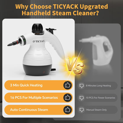 TICYACK Handheld Steam Cleaner, Steam Cleaner with 16 PCS Accessory & Safety Lock, 500ML Capacity, Multi-Surface Deep Cleaning for Home, Car, Bathroom, Grout, Floor, Window (White)