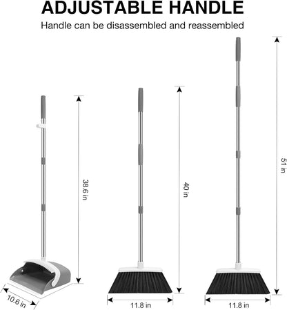 NACENA Broom and Dustpan Set, 52-in Long Adjustable Handle Broom Dustpan Combo with Dustpan Teeth to Automatically Clean Hair Suitable for Home Kitchen Office Hall Floor（Black&Red）