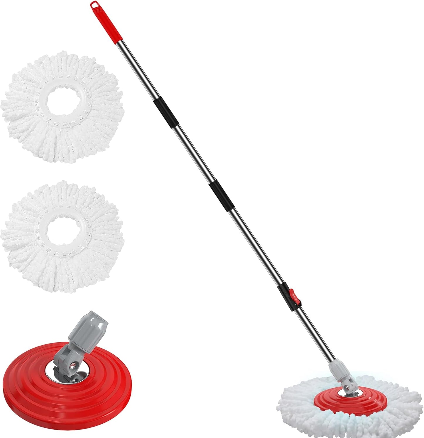 Stainless Steel Extendable Mop Handle with 2 Microfiber Replacement Heads & 360° Rotating Base Plate — Fits Standard Mop Buckets -White