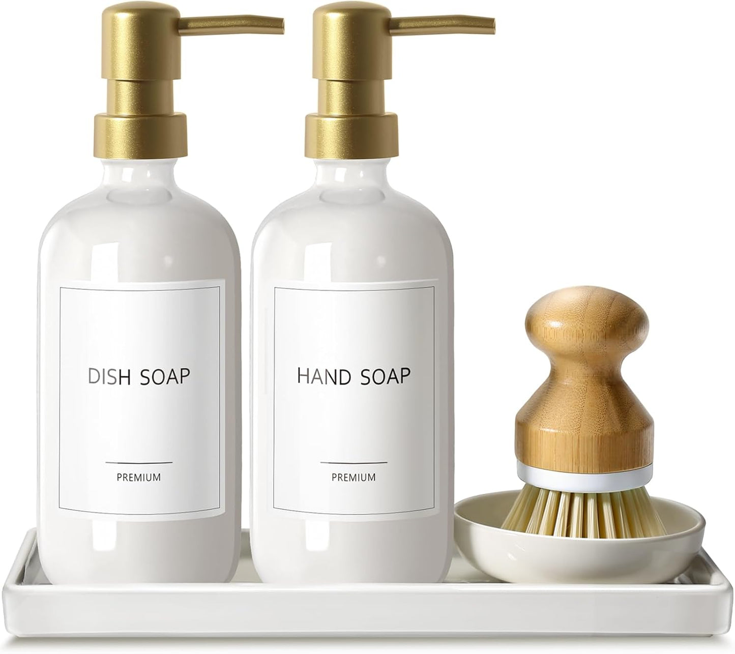 GMISUN Kitchen Soap Dispenser Set, 16 Oz Hand and Dish Soap Dispenser with Ceramic Tray & Bamboo Dish Brush, 2 Pack White Glass Liquid Pump Bottle, Modern Farmhouse Refillable Dish Soap Bottle