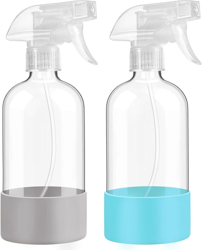 Glass Spray Bottles with Silicone Sleeve Protection, 16 oz 2 Pack, Reusable Spray Bottles with Adjustable Nozzle for Hair, Cleaning Solutions, Plants, Pale Yellow&Mint Green