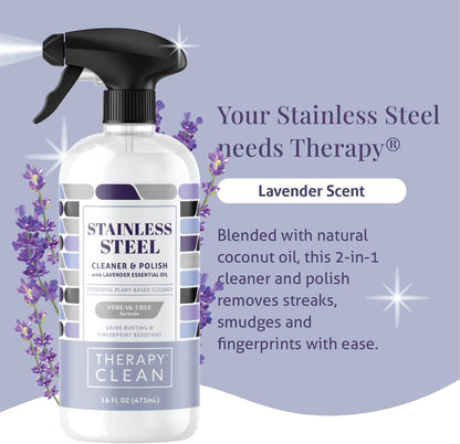 Therapy Stainless Steel Cleaner and Polish 100% USDA Biobased, Fingerprint and Residue Remover, Lavender Essential Oil Scent, Sink Cleaner, Grill Spray