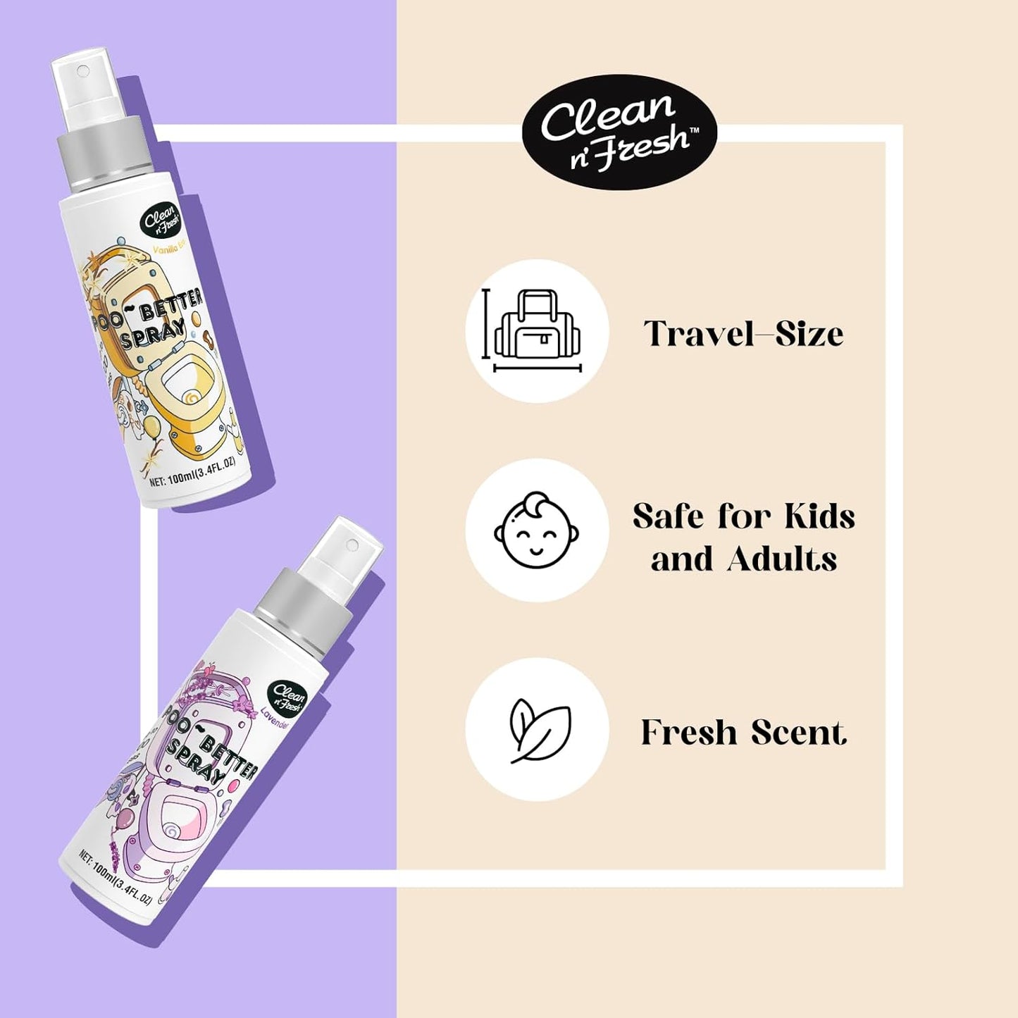 Clean-n-Fresh Toilet Spray, Wild Peony Scent, Bathroom Odor Eliminator & Air Freshener For Room, Trash Cans, Shoes, Fabrics, 3.4 Fl Oz(2 Pack)