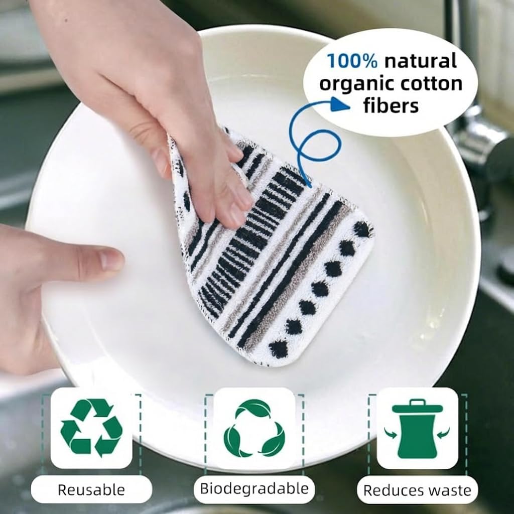 Amarelle GEN II Dish Washing Scrubbers (5-Pack)2-in-1, Made in Green Kitchen Scrubbers for Dishes, Non Scratch Pot & Pan Scrubber, Heavy Duty GOTS Organic Cotton Scouring Pads, Reusable (Metro Sketch)