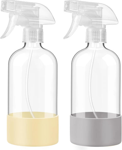JohnBee Glass Spray Bottles with Silicone Sleeve, 2 Pack16 oz Empty Refillable Containers with Adjustable Spray Nozzles, Spray Bottles for Hair, Cleaning Solutions and Plants Olive Green&Pink