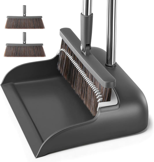 MOPALL Broom with Dustpan Combo Set with 52.5" Extra Long Handle, Self-Cleaning Dustpan Teeth for Dog Cat Pets Hair, 180° Swivel Brooms Head for Sweeping Indoor, Includes 2 Broom Heads