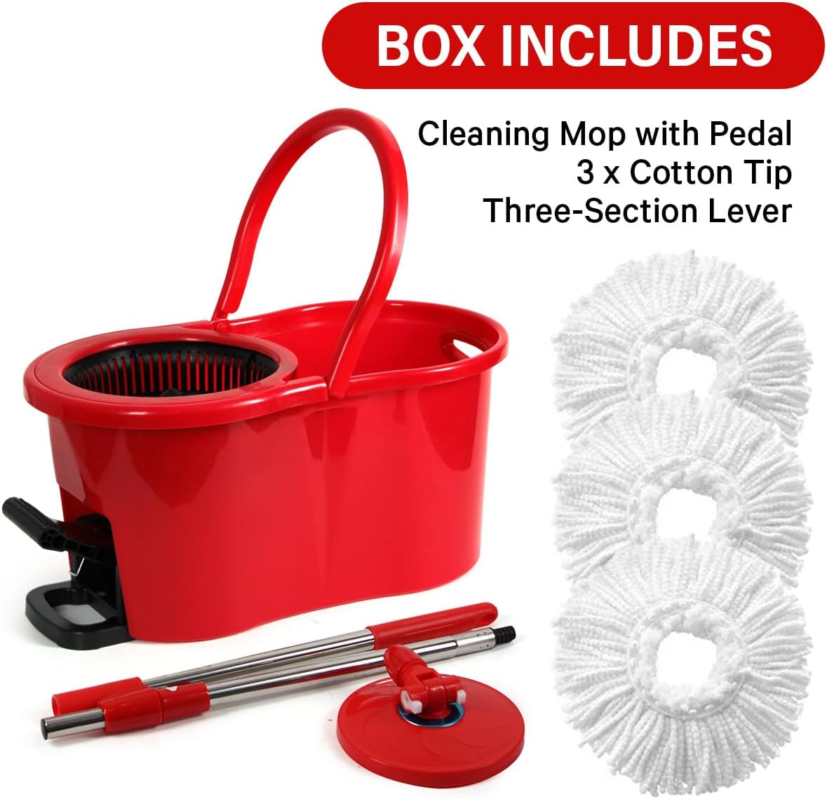 Pedal Spin Mop and 7LT Bucket Floor Cleaning System with 3 Extra Microfiber Mop Replacement Refills - Labor-Saving Foot Pressure Spin Mop with Adjustable Stainless Steel Handle for Floor Cleaning