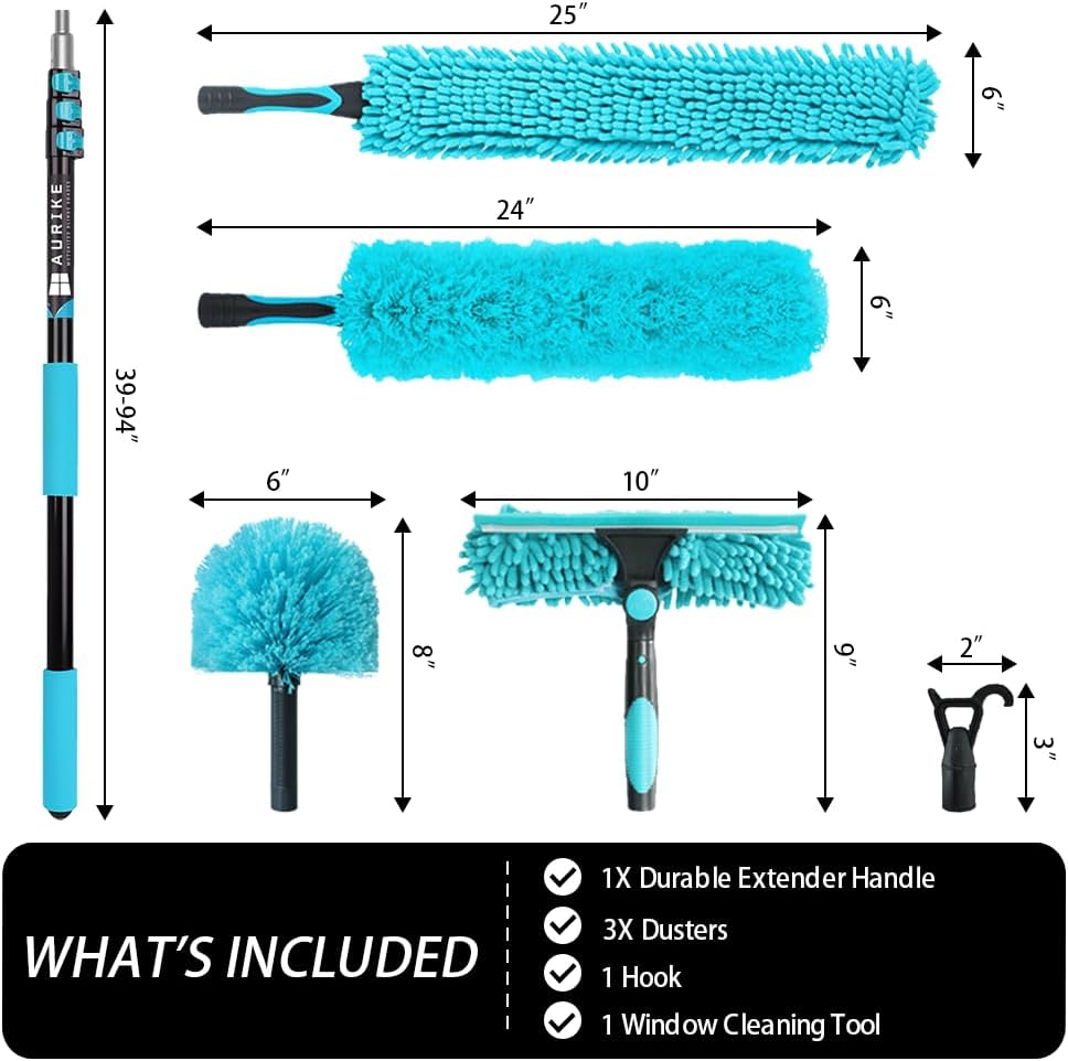 High Ceiling Duster Kit with 3-8FT Heavy Duty Extension Pole, Reaches Up to 13FT, Includes Microfiber Feather Duster, Cobweb and Ceiling Fan Duster, Window Squeegee Cleaner & Skylight Hook (8FT)