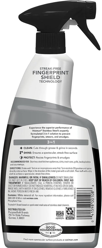 Weiman Stainless Steel Cleaner & Polish, 2 Pack, Anti Fingerprint Spray Stainless Steel Cloth, Water Spots & Grease, No Streaks or Residue, Safe for Metal Polish, Chrome, Appliances, Sinks & Grills
