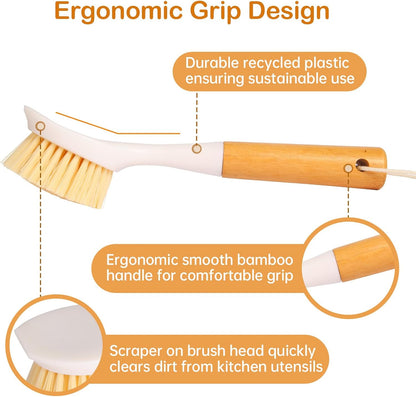 3 Pack Dish Brush Set with Bamboo Handle, Dish Scrubber Built-in Scraper, Kitchen Scrub Brush for Cleaning Cast Iron Cookware, Pans, Pots, Counter & Kitchen Sink (White)