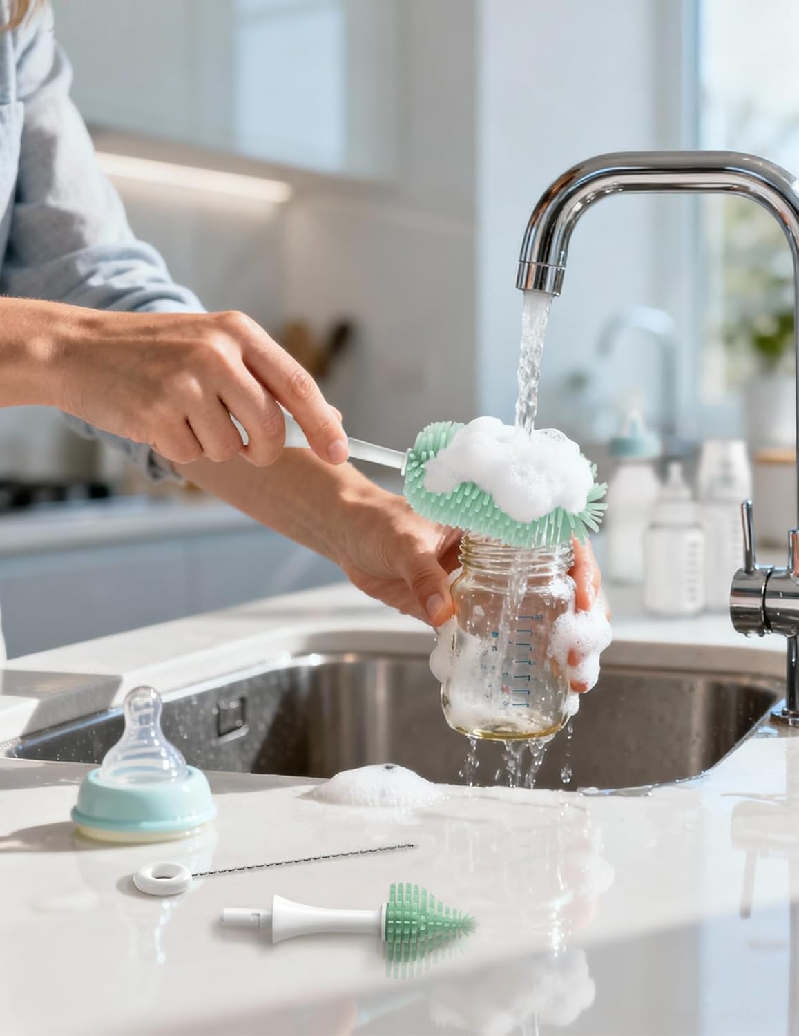 Momcozy Bottle Brush Kit Pro, Innovative Push-Press Design for Deep Cleaning - Bottle Cleaner Brush for Bottle/Breast Pumps/Nipple - Clog-Free Brush & Foam-Generating Design for Better Cleaning, Green