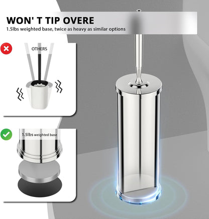 Premium 304 Stainless Steel Toilet Brush and Holder: Weighted Stable Base, Removable Inner Tube, Splash-Proof Design for 360° Thorough Cleaning & Space-Saving Storage,Nickel