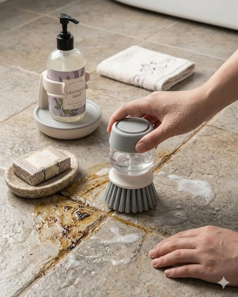 Soap Dispensing Palm Brush with Storage Stand - Self-Draining Kitchen Scrub Brush Set for Dishes & Pans, Push Button Cleaning Brush with Refillable Dispenser, 3.3 x 4.9 Inches, White & Grey
