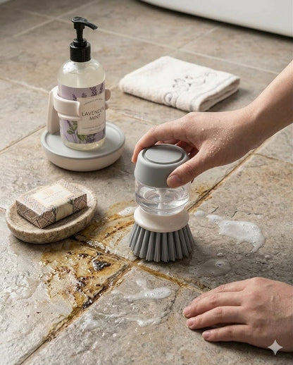 Soap Dispensing Palm Brush with Storage Stand - Self-Draining Kitchen Scrub Brush Set for Dishes & Pans, Push Button Cleaning Brush with Refillable Dispenser, 3.3 x 4.9 Inches, White & Grey